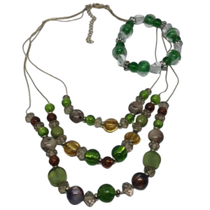 Green tripple strand art glass necklace free stretch bracelet boho festival